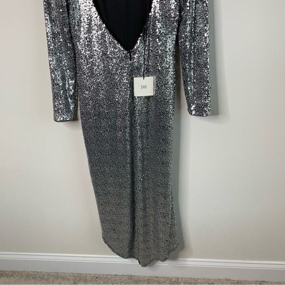 Tadashi Shoji Sho silver sequin long sleeves maxi gown size medium wedding guest - Picture 8 of 11